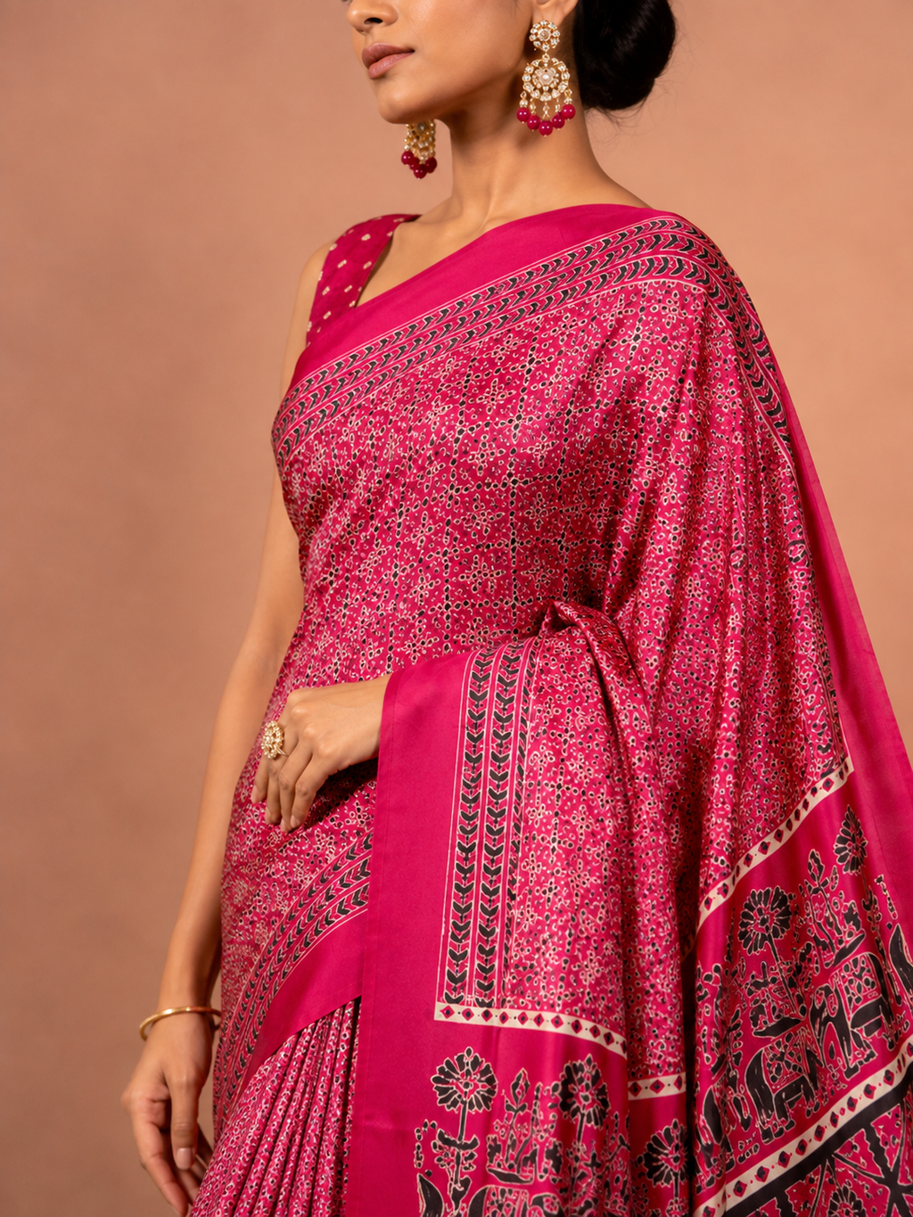 Magenta Semi-Modal Ajrakh Saree with Elephant Motif Pallu