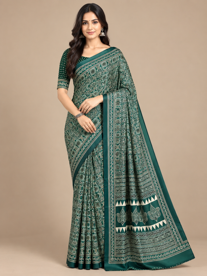 Deep Green Semi-Modal Ajrakh Saree with Tassel Pallu