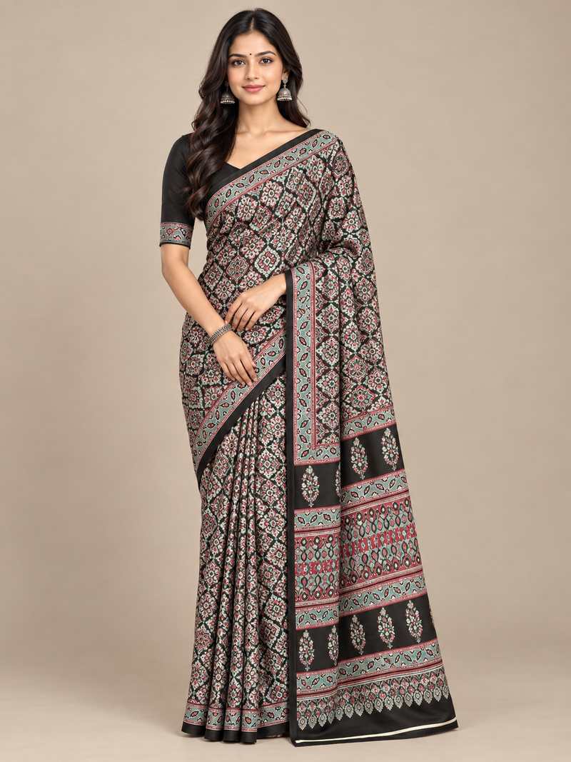 Black Geometric Semi-Modal Ajrakh Saree with Paisley Pallu