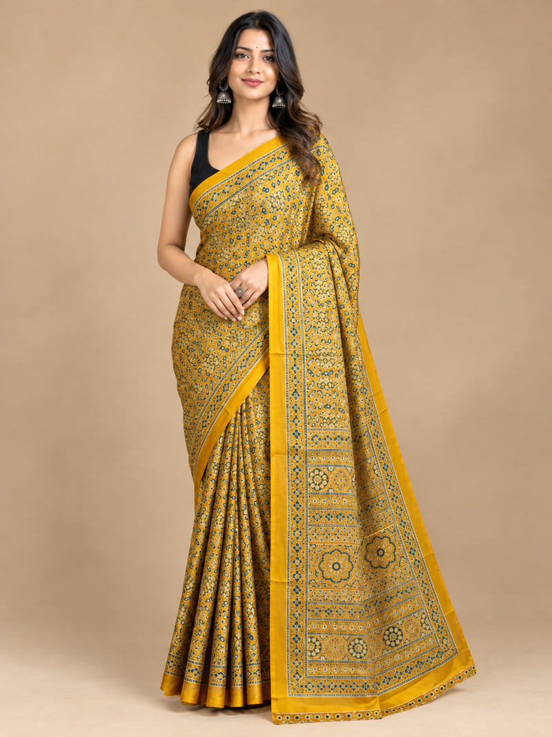 Mustard Yellow Semi-Modal Ajrakh Mirror Work Saree