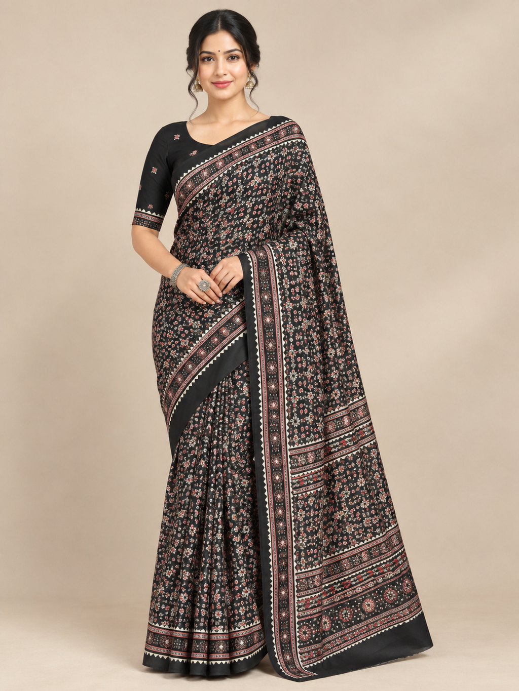Black Floral Semi-Modal Ajrakh Saree with Mirror Work