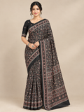 Black Floral Semi-Modal Ajrakh Saree with Mirror Work