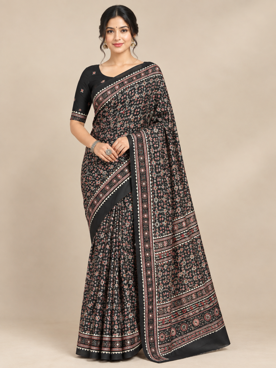 Black Floral Semi-Modal Ajrakh Saree with Mirror Work