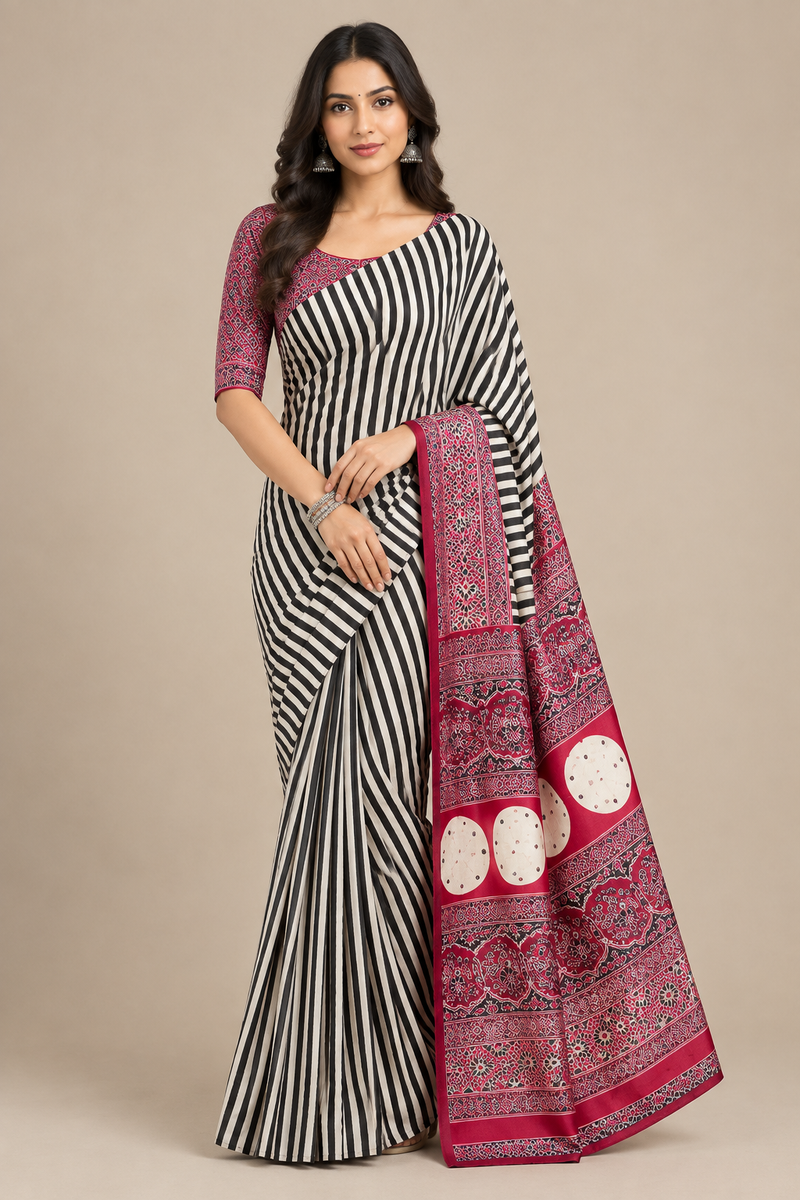 Black & Cream Striped Semi-Modal Saree with Maroon Pallu