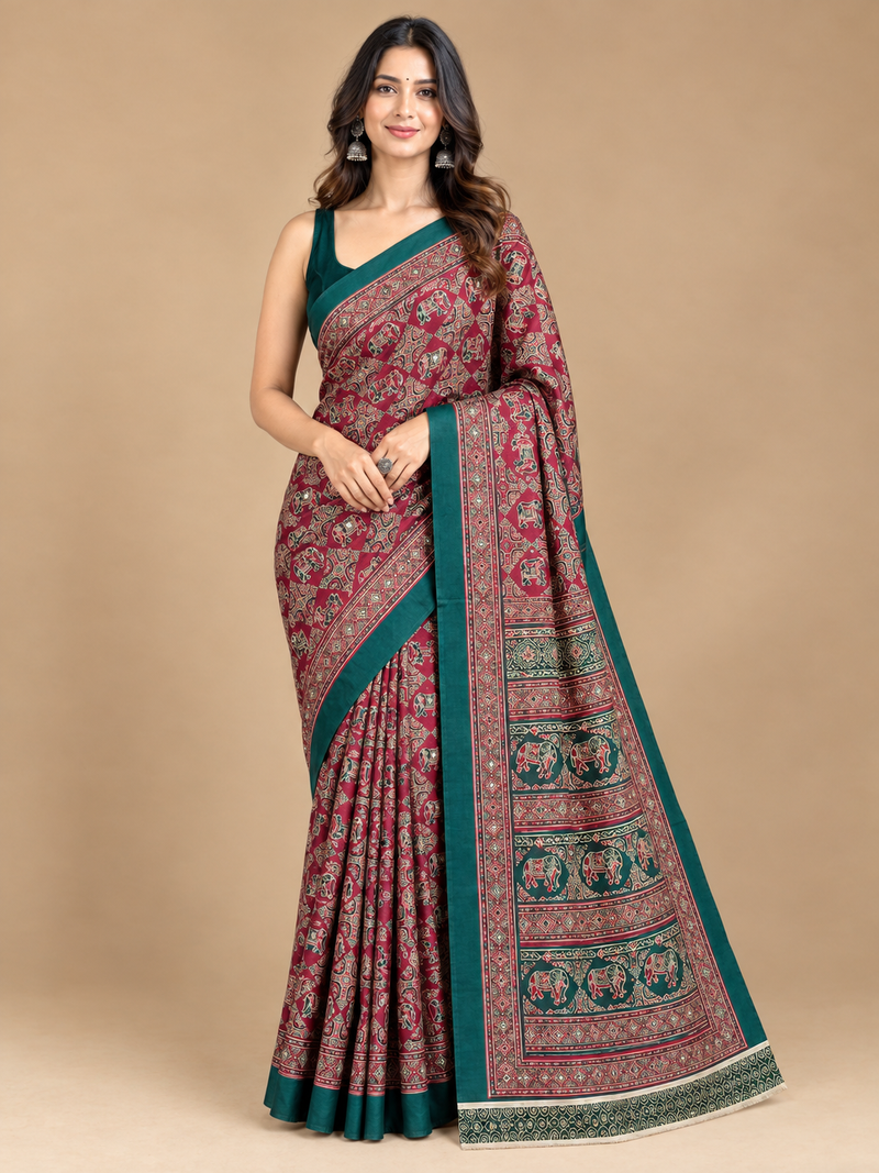 Maroon Floral Semi-Modal Ajrakh Saree with Teal Border