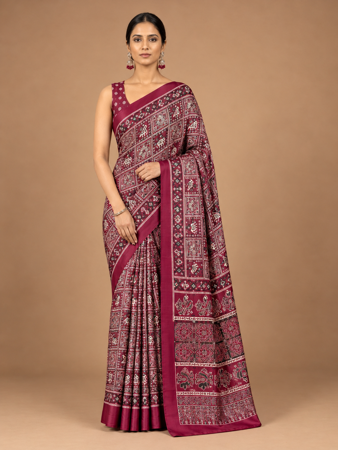 Maroon Geometric Semi-Modal Ajrakh Mirror Work Saree