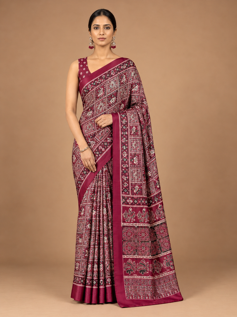 Maroon Geometric Semi-Modal Ajrakh Mirror Work Saree