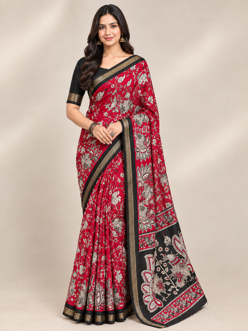 Red Floral Printed Saree with Black Paisley Pallu