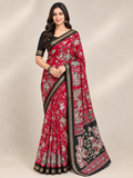 Red Floral Printed Saree with Black Paisley Pallu