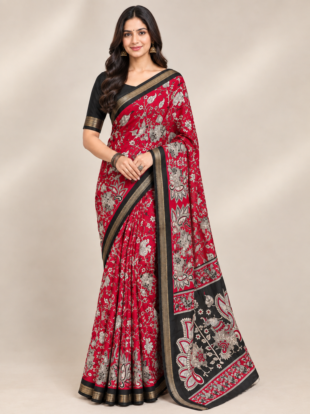 Red Floral Printed Saree with Black Paisley Pallu