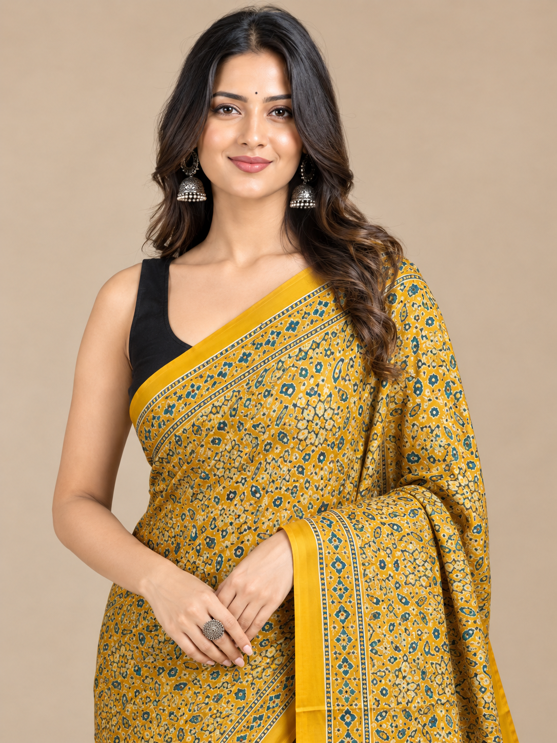 Mustard Yellow Semi-Modal Ajrakh Mirror Work Saree