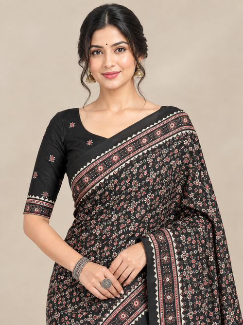Black Floral Semi-Modal Ajrakh Saree with Mirror Work