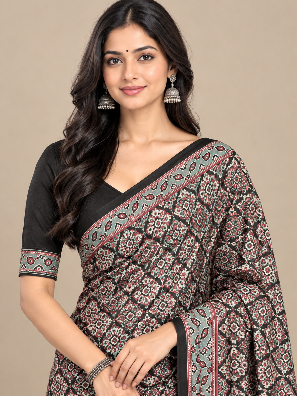 Black Geometric Semi-Modal Ajrakh Saree with Paisley Pallu
