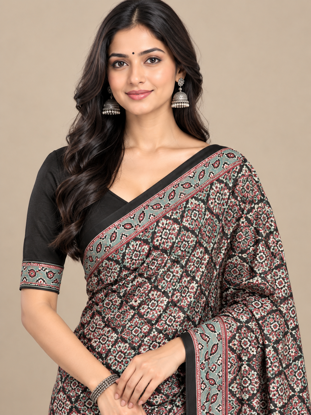 Black Geometric Semi-Modal Ajrakh Saree with Paisley Pallu