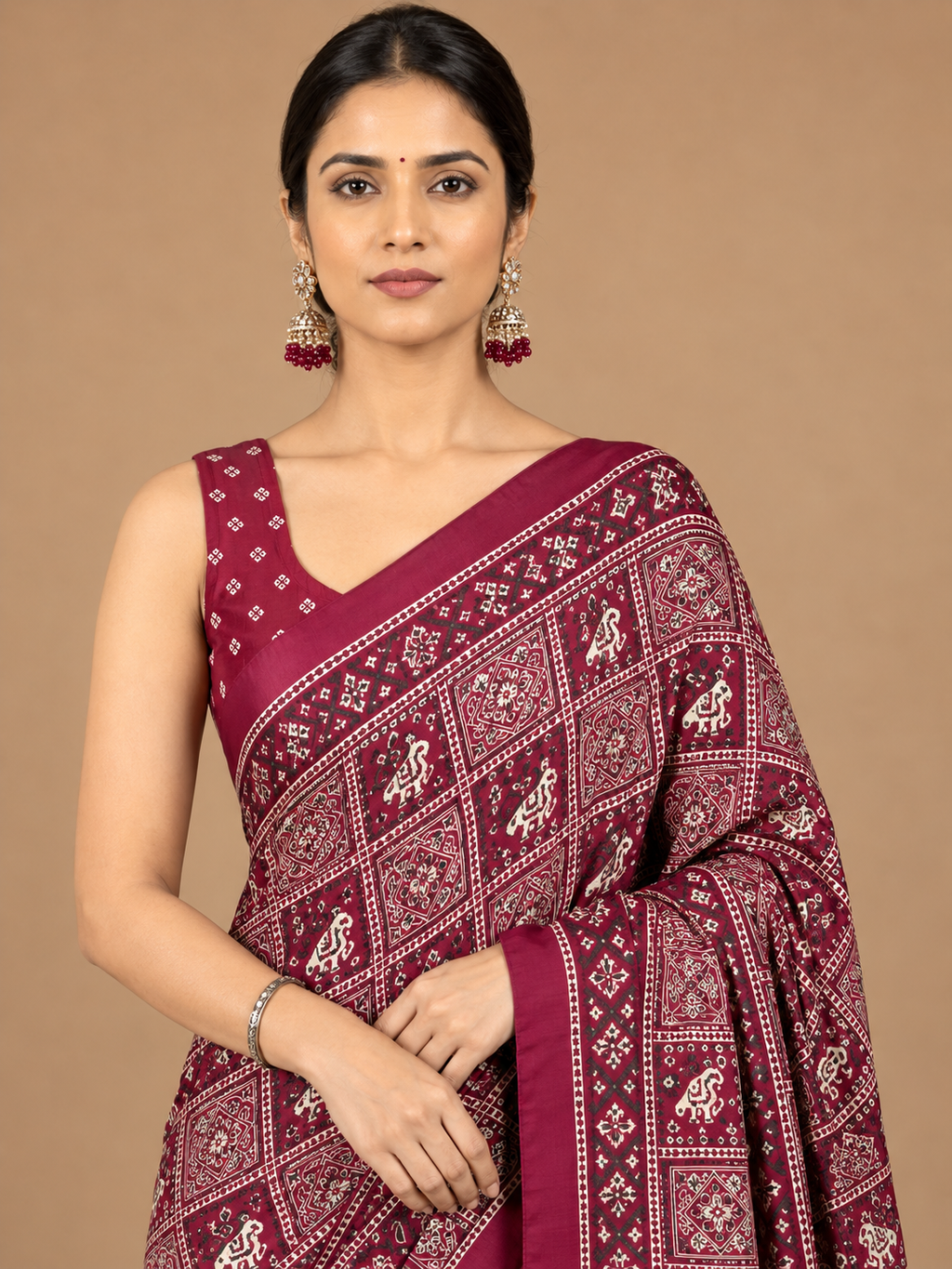 Maroon Geometric Semi-Modal Ajrakh Mirror Work Saree