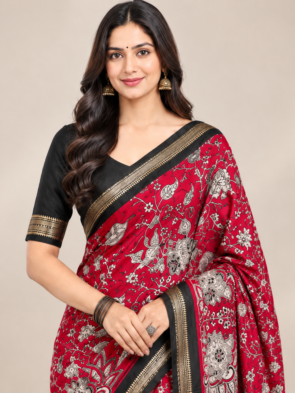 Red Floral Printed Saree with Black Paisley Pallu