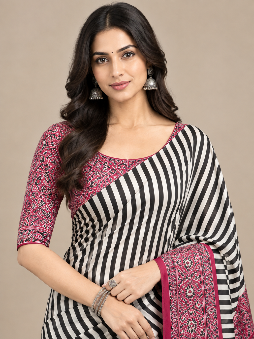 Black & Cream Striped Semi-Modal Saree with Maroon Pallu