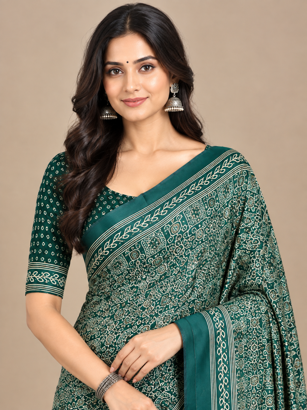 Deep Green Semi-Modal Ajrakh Saree with Tassel Pallu