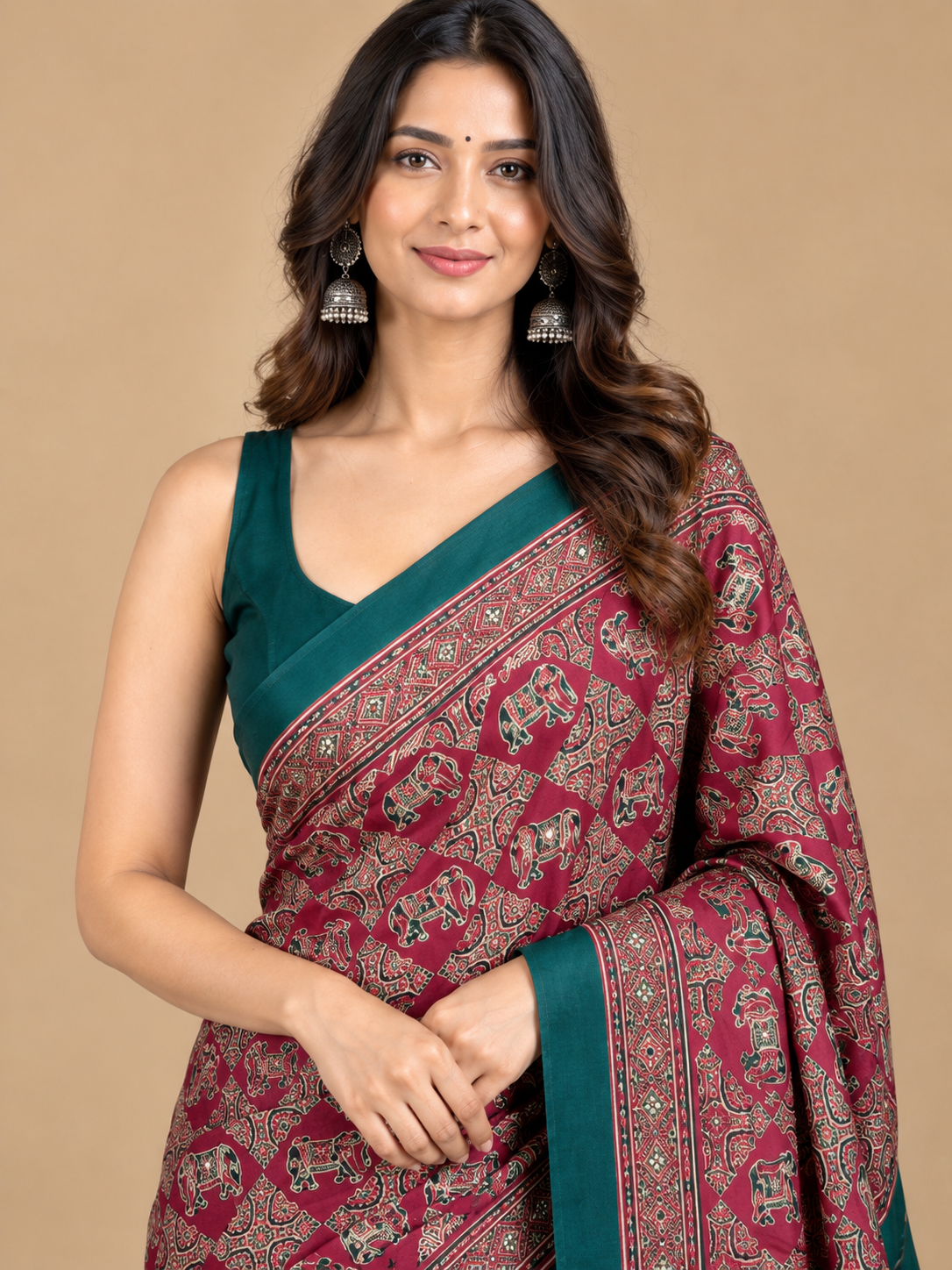 Maroon Floral Semi-Modal Ajrakh Saree with Teal Border