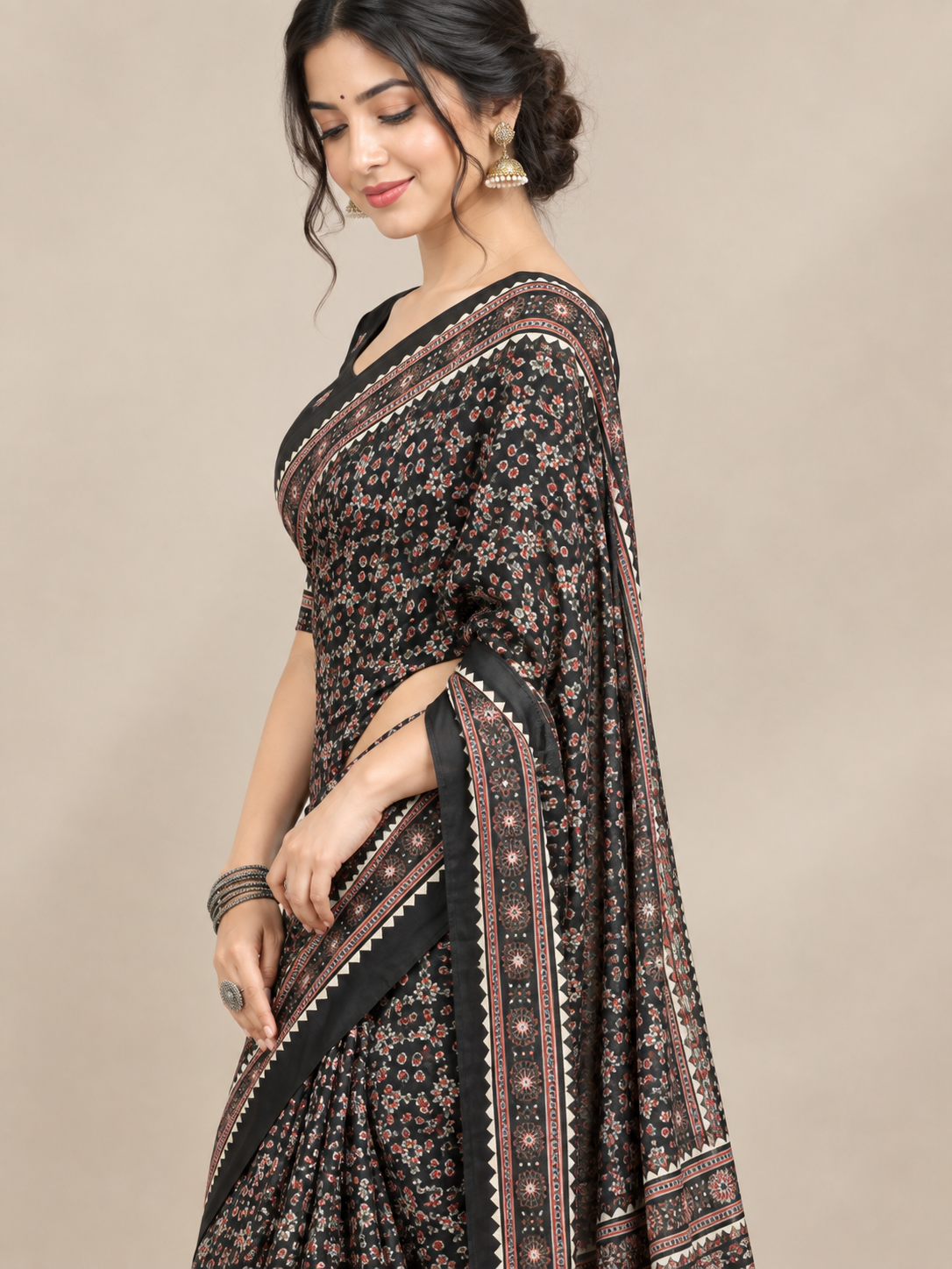 Black Floral Semi-Modal Ajrakh Saree with Mirror Work