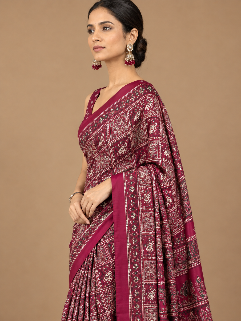 Maroon Geometric Semi-Modal Ajrakh Mirror Work Saree