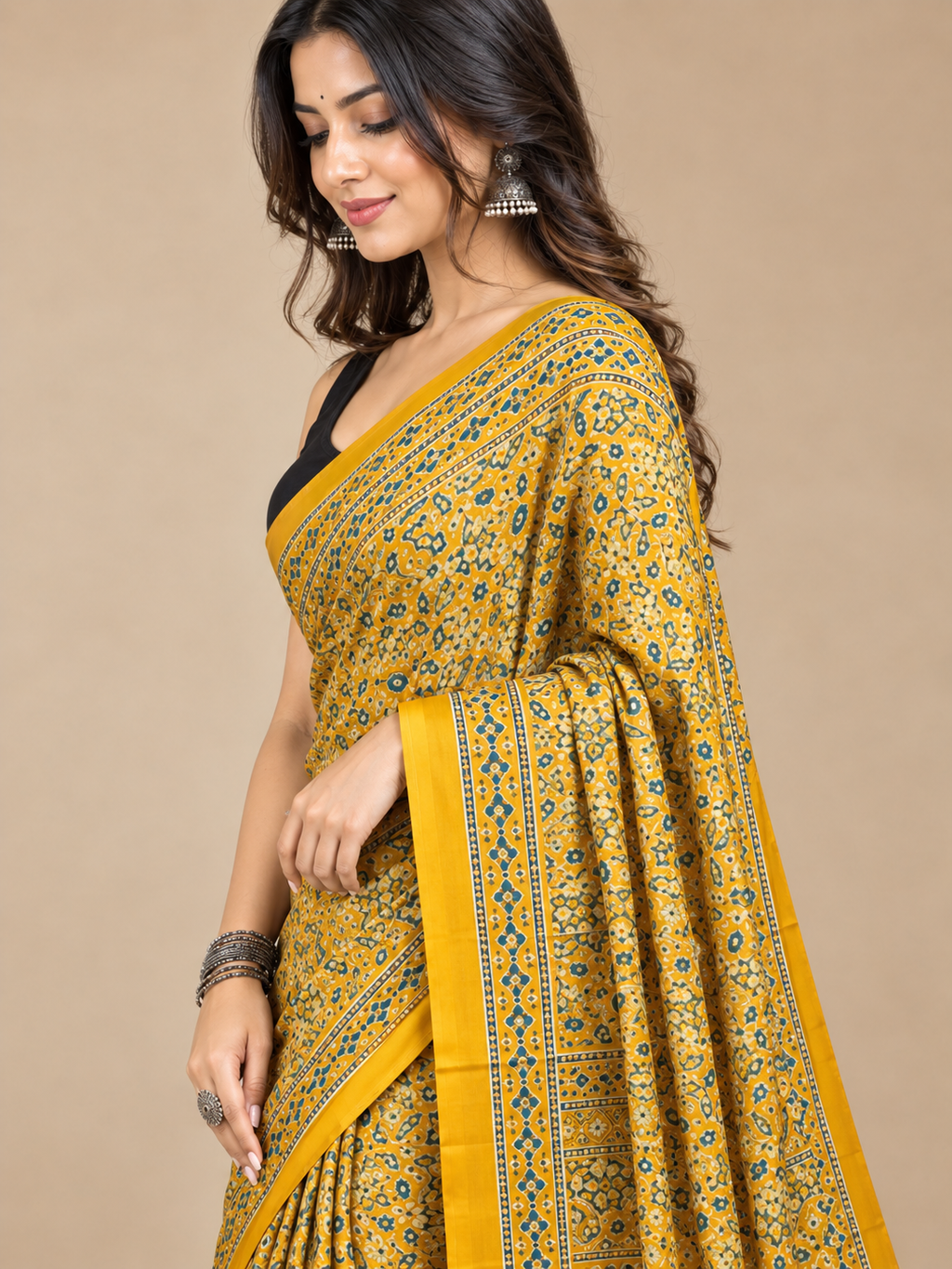 Mustard Yellow Semi-Modal Ajrakh Mirror Work Saree