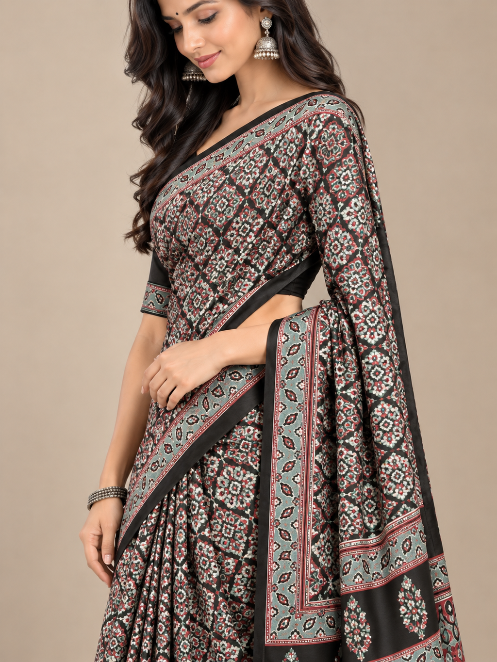 Black Geometric Semi-Modal Ajrakh Saree with Paisley Pallu