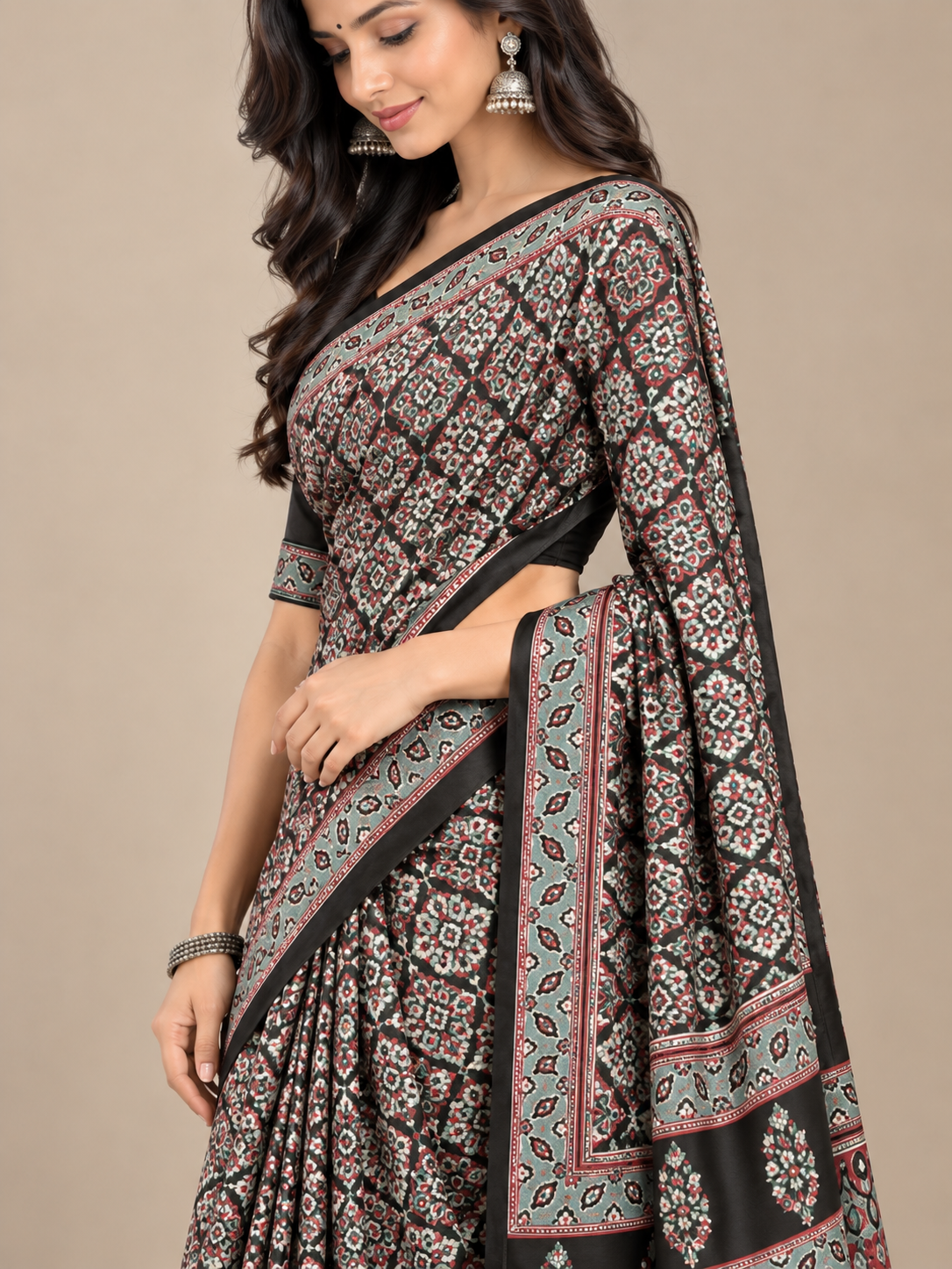 Black Geometric Semi-Modal Ajrakh Saree with Paisley Pallu