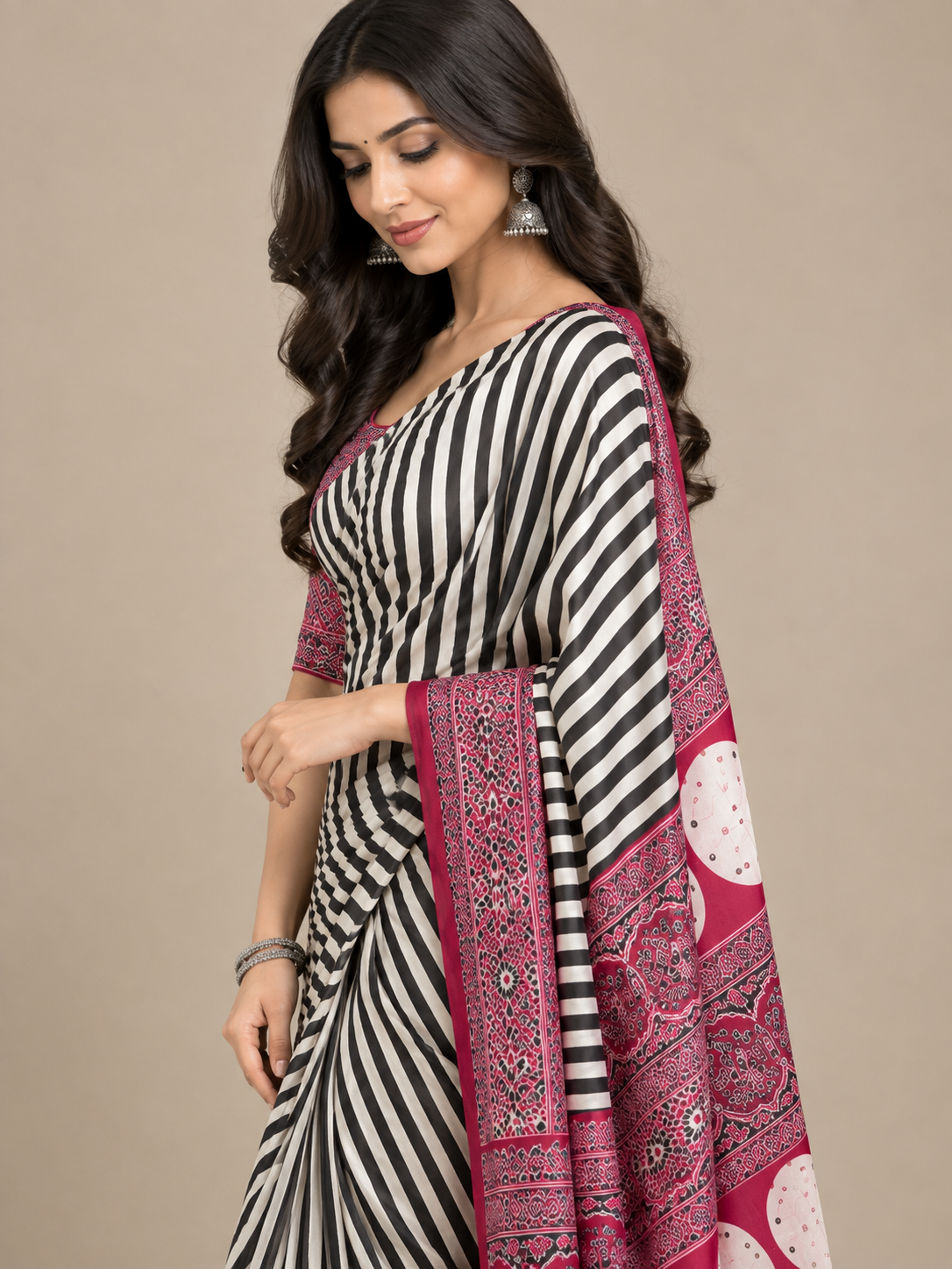Black & Cream Striped Semi-Modal Saree with Maroon Pallu