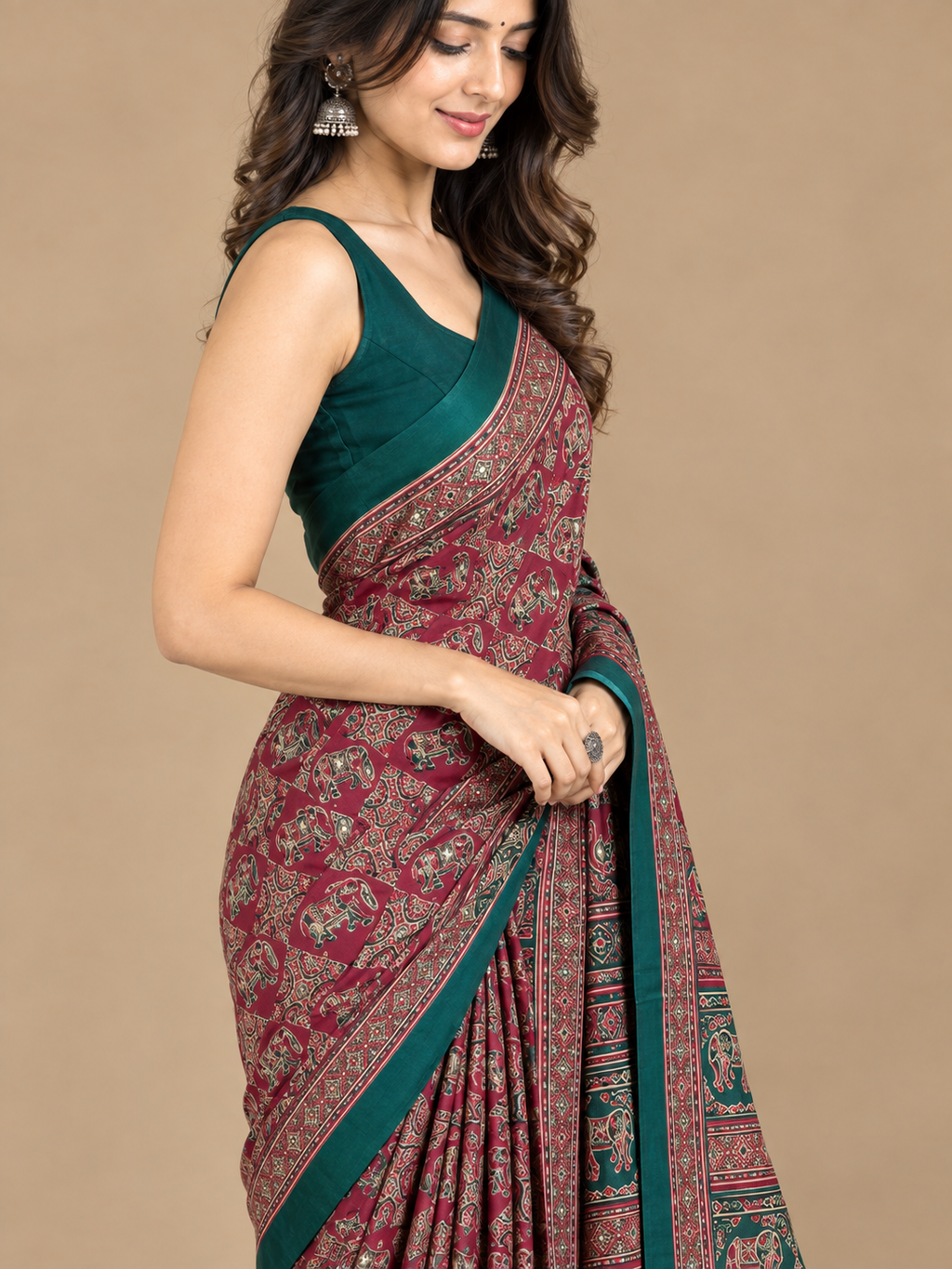 Maroon Floral Semi-Modal Ajrakh Saree with Teal Border