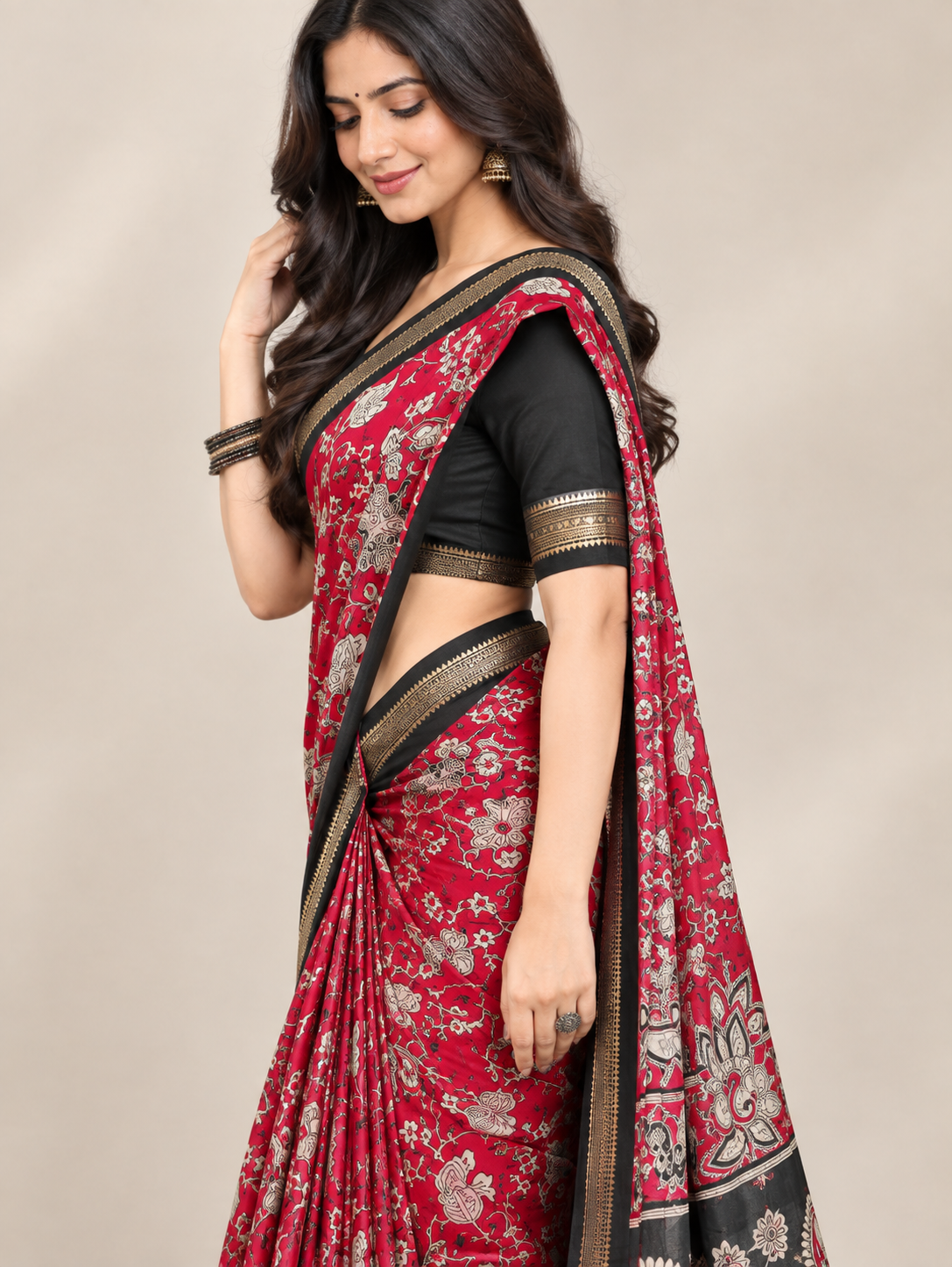 Red Floral Printed Saree with Black Paisley Pallu