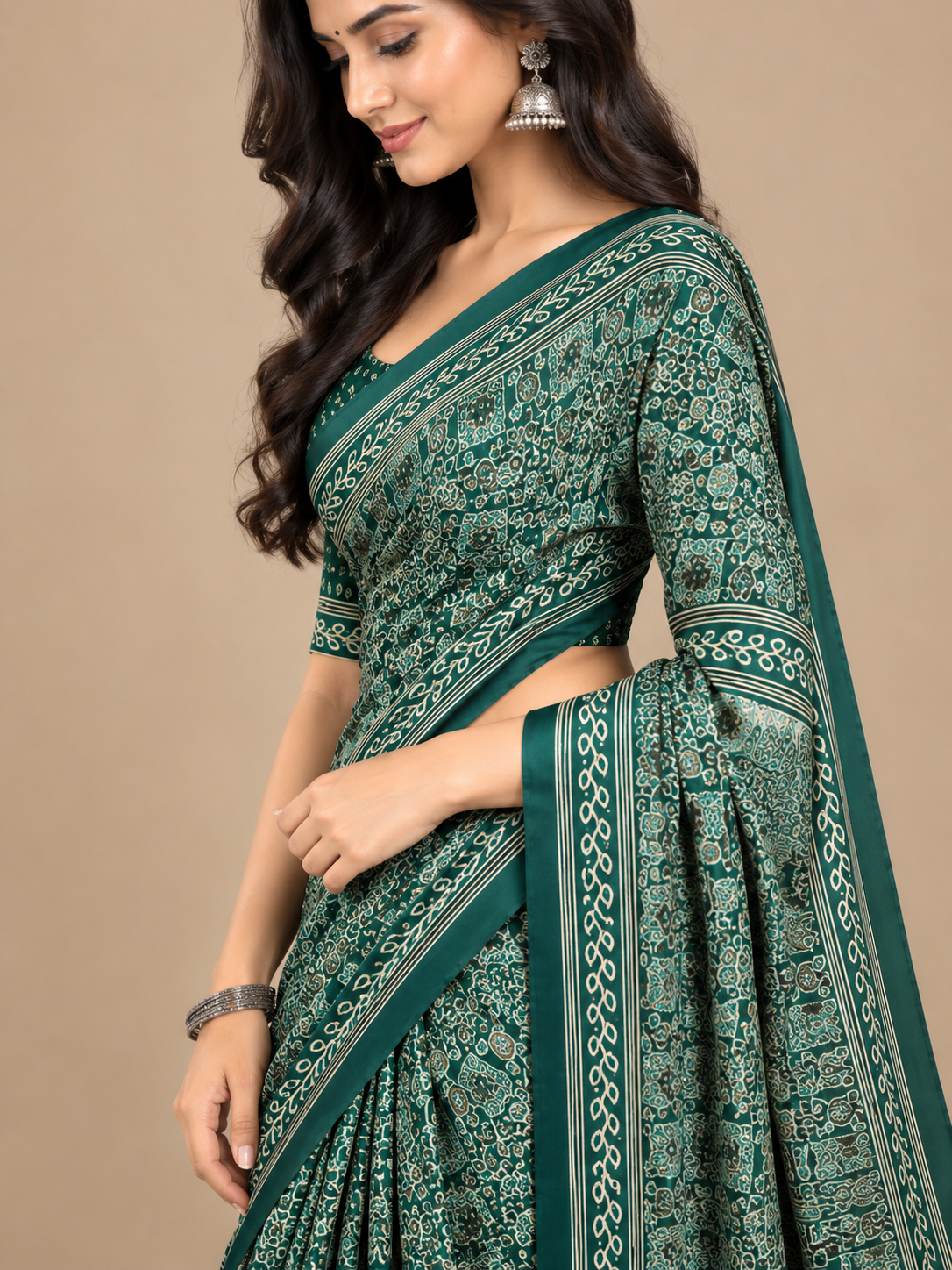 Deep Green Semi-Modal Ajrakh Saree with Tassel Pallu