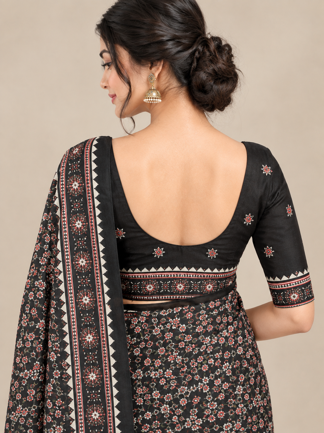 Black Floral Semi-Modal Ajrakh Saree with Mirror Work