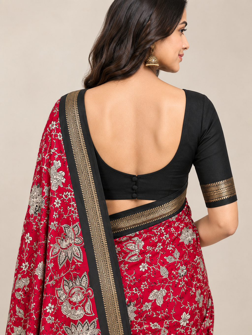Red Floral Printed Saree with Black Paisley Pallu