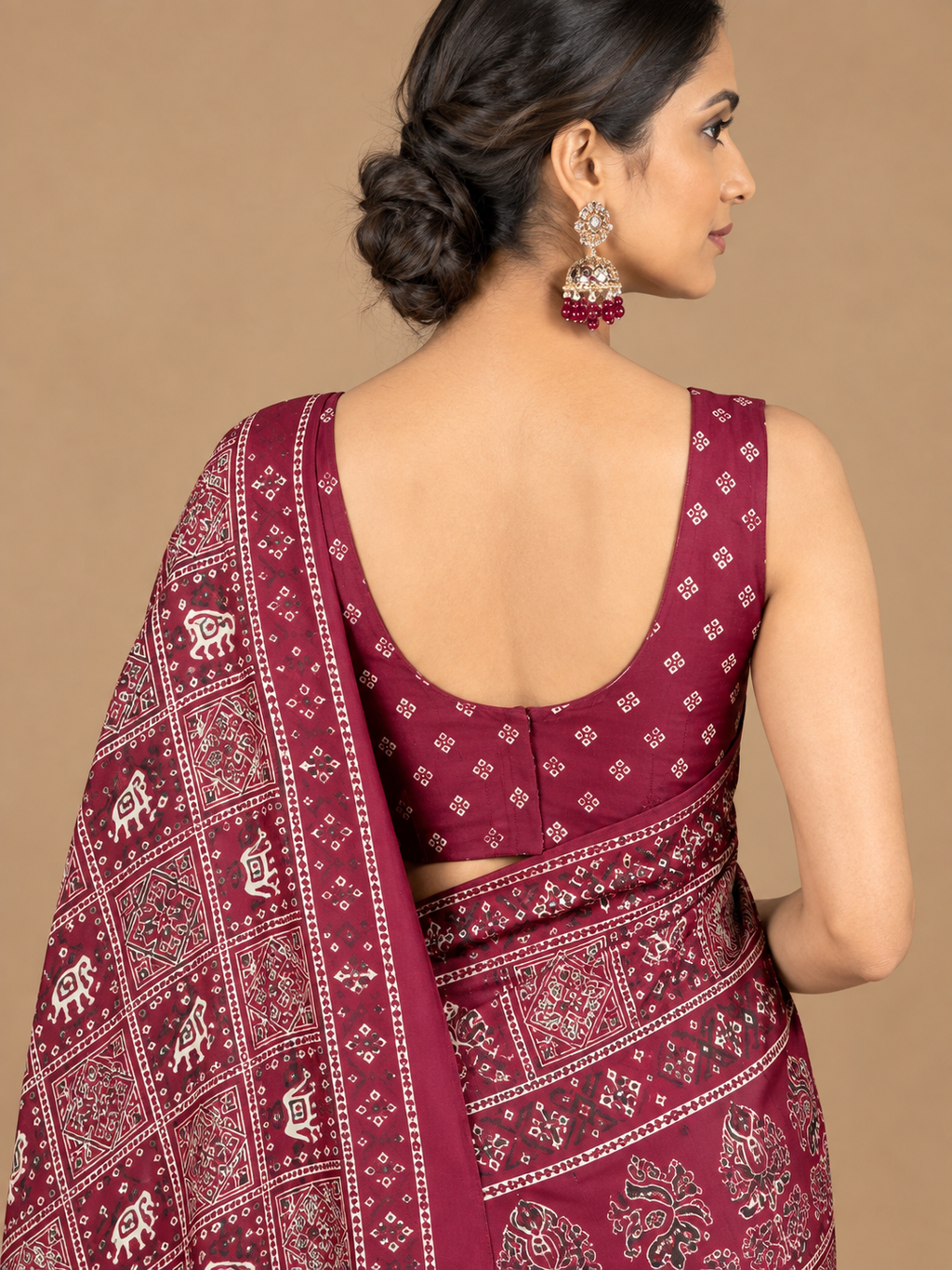 Maroon Geometric Semi-Modal Ajrakh Mirror Work Saree