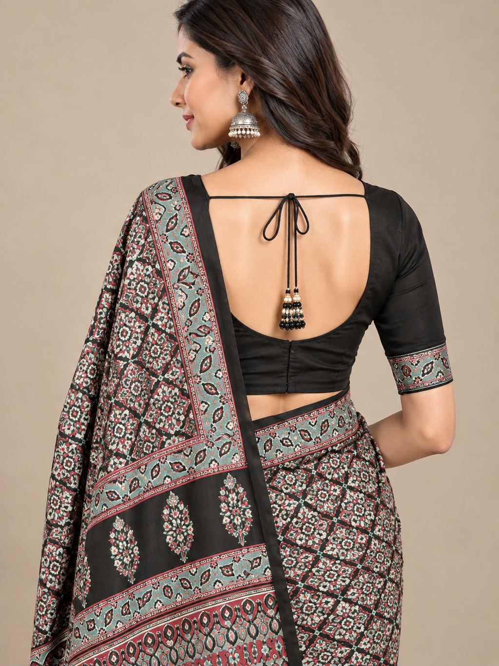 Black Geometric Semi-Modal Ajrakh Saree with Paisley Pallu