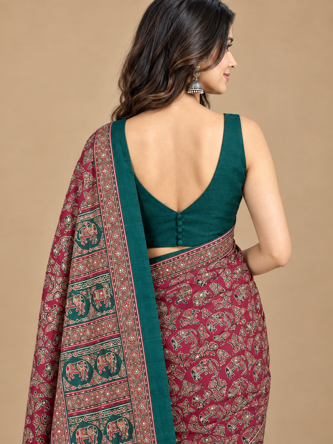 Maroon Floral Semi-Modal Ajrakh Saree with Teal Border