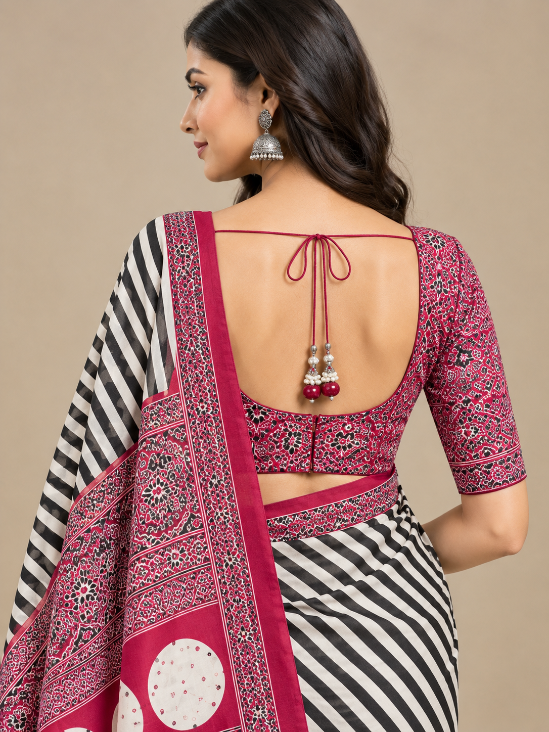 Black & Cream Striped Semi-Modal Saree with Maroon Pallu