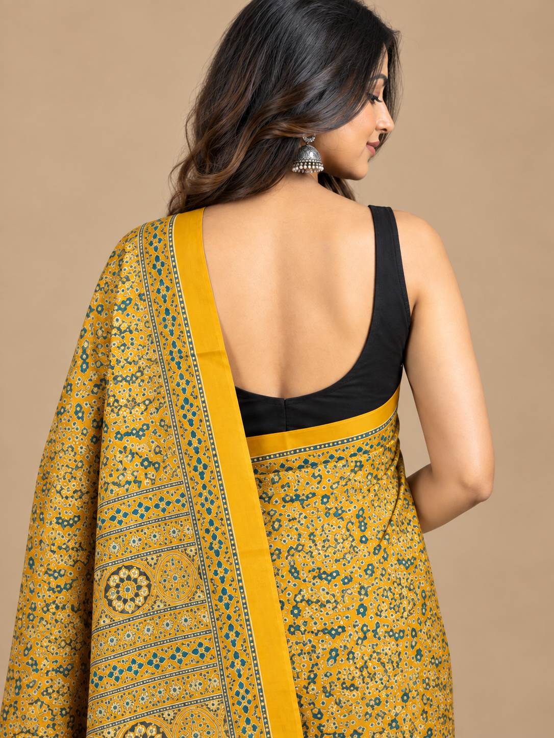 Mustard Yellow Semi-Modal Ajrakh Mirror Work Saree