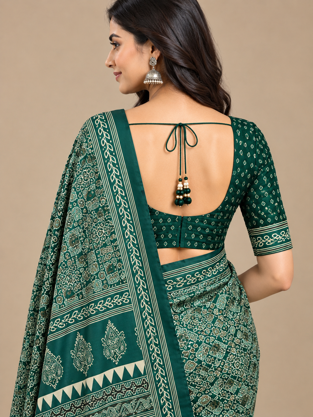 Deep Green Semi-Modal Ajrakh Saree with Tassel Pallu