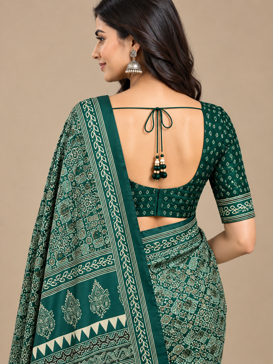 Deep Green Semi-Modal Ajrakh Saree with Tassel Pallu