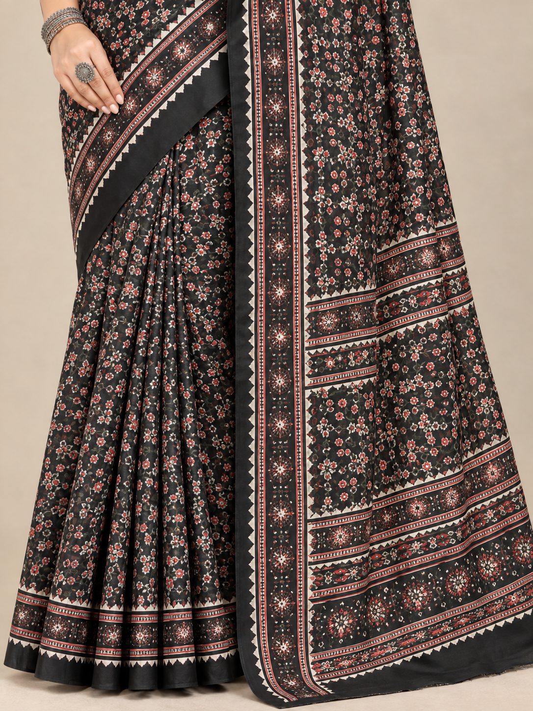Black Floral Semi-Modal Ajrakh Saree with Mirror Work