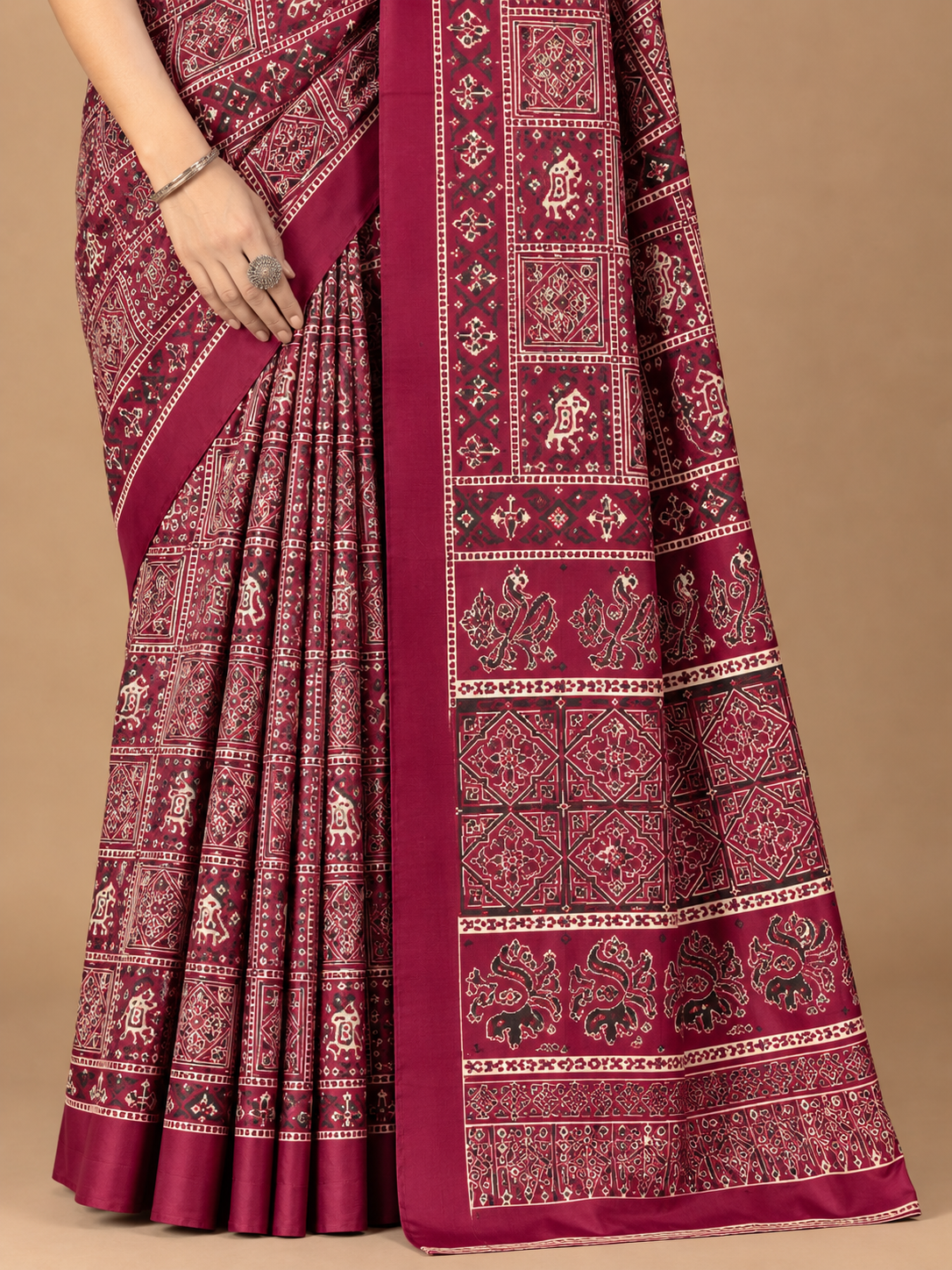 Maroon Geometric Semi-Modal Ajrakh Mirror Work Saree