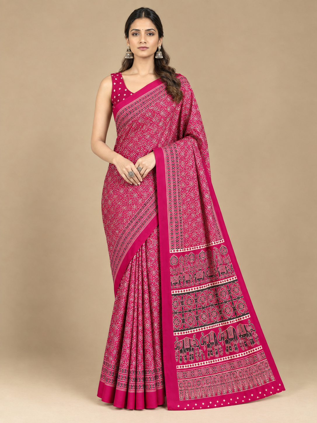 Magenta Semi-Modal Ajrakh Saree with Elephant Motif Pallu