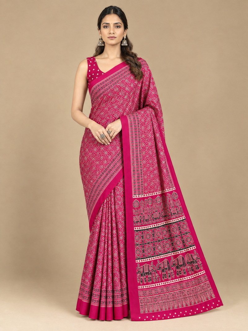 Magenta Semi-Modal Ajrakh Saree with Elephant Motif Pallu
