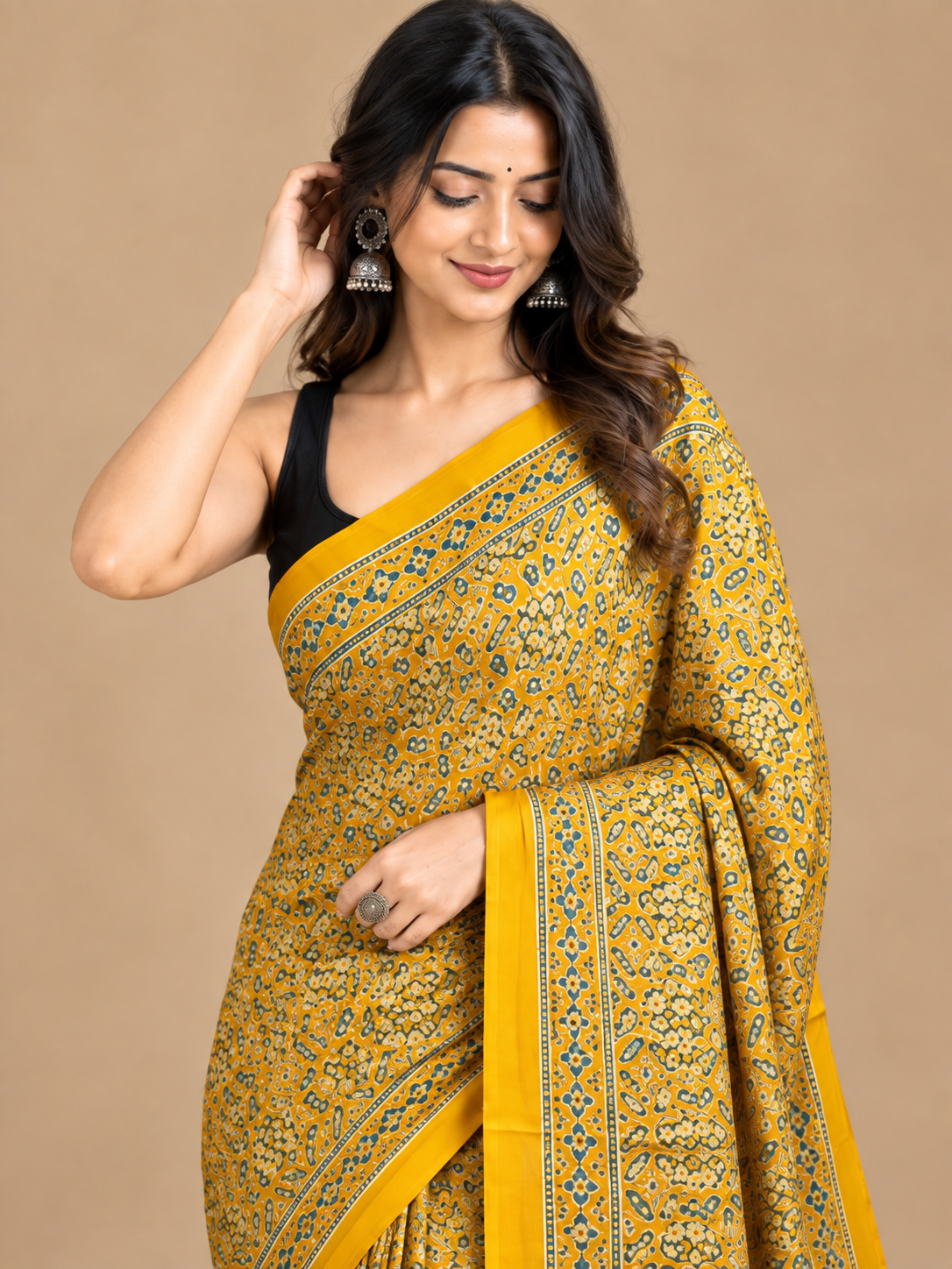 Mustard Yellow Semi-Modal Ajrakh Mirror Work Saree