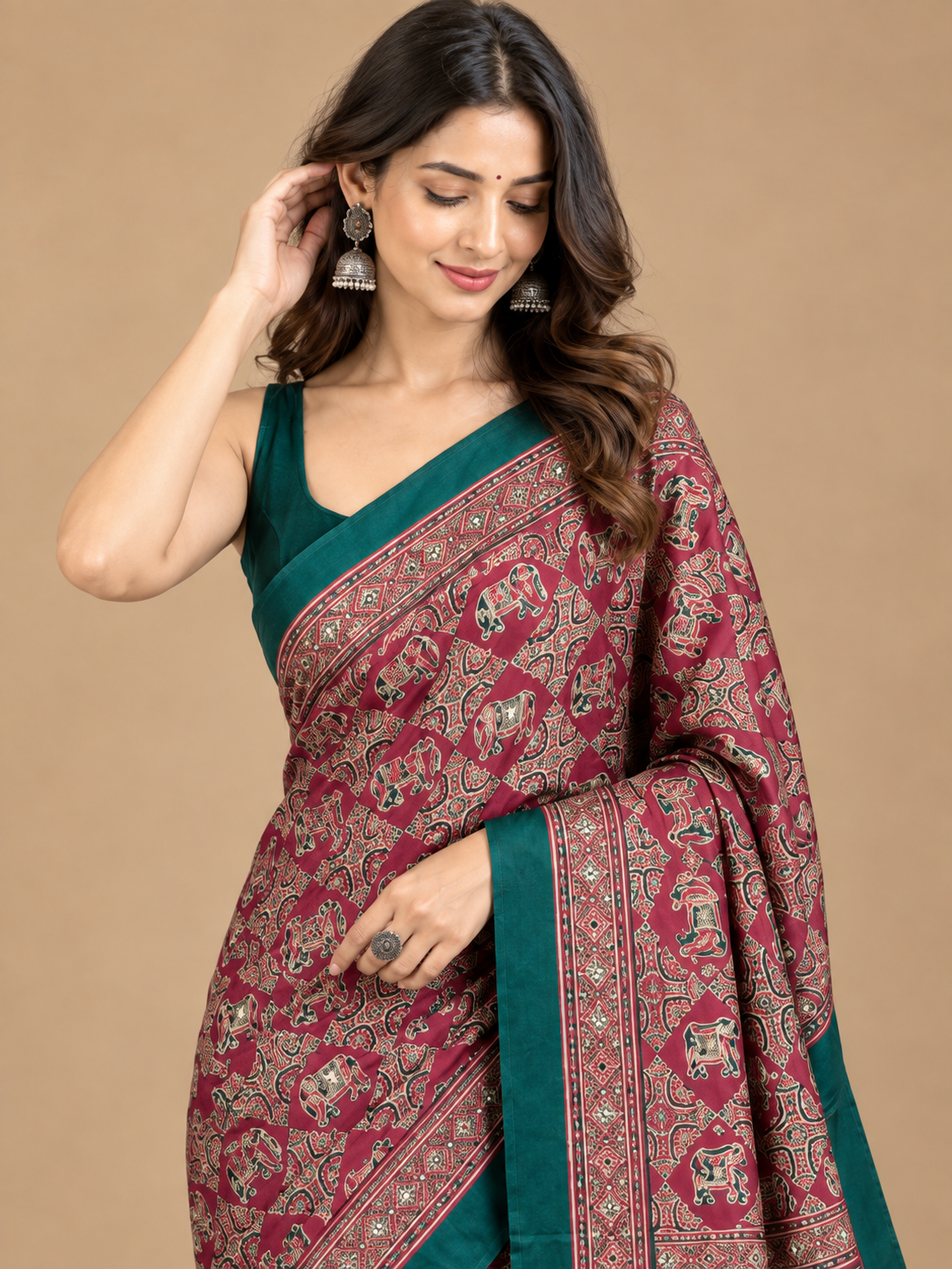 Maroon Floral Semi-Modal Ajrakh Saree with Teal Border