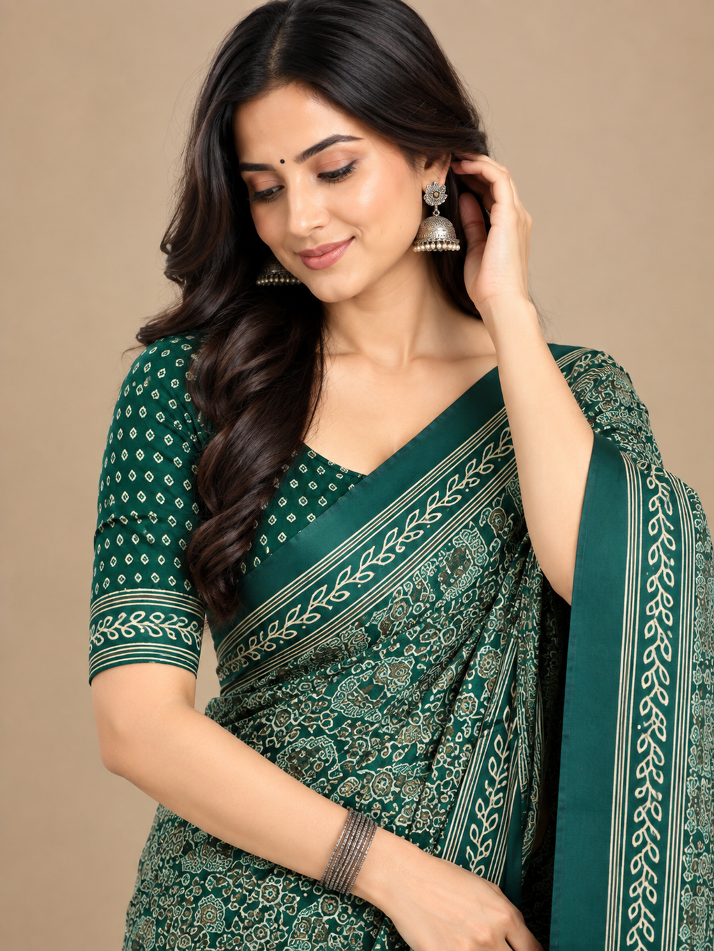 Deep Green Semi-Modal Ajrakh Saree with Tassel Pallu