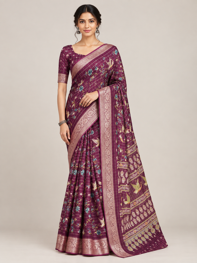 Wine Chinnon Check Saree with 5-Inch Jacquard Border
