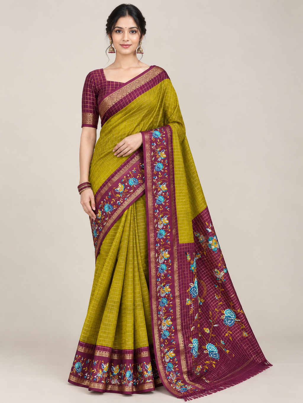 Olive Green Check Saree with Wine Floral Border